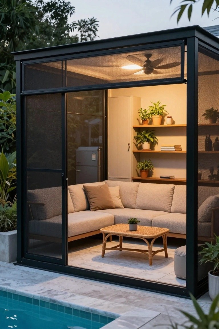 24 Beautiful Pool Shade Pavilion Ideas That Create a Retreat Black metal-framed screened pavilion next to a turquoise pool, with beige L-shaped sofa, rattan table, potted plants, ceiling fan, and glimpses of indoor fridge and shelves.