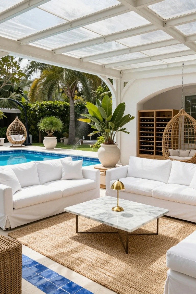 24 Beautiful Pool Shade Pavilion Ideas That Create a Retreat Outdoor pavilion under translucent roof with two white slipcovered sofas, marble-top coffee table, potted plants, wooden wine racks, hanging wicker chairs, and blue pool nearby.