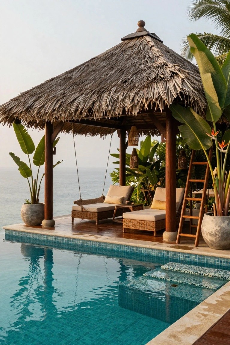 24 Beautiful Pool Shade Pavilion Ideas That Create a Retreat Thatched pavilion with two loungers, a hanging swing, potted plants, and banana trees positioned along the edge of a turquoise-tiled infinity pool overlooking the ocean.