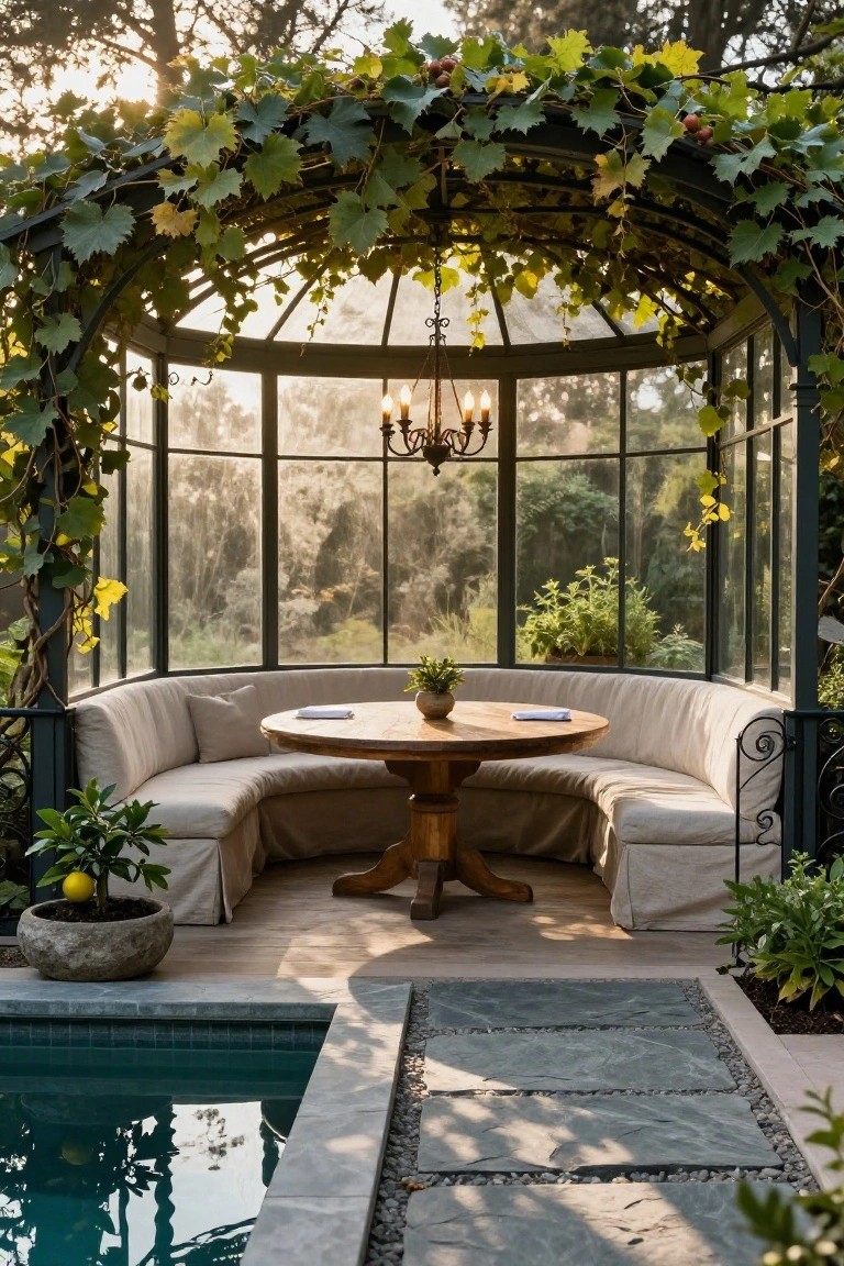 24 Beautiful Pool Shade Pavilion Ideas That Create a Retreat Glass-walled pavilion covered in green grapevines with curved beige banquette seating around a round wooden table, adjacent to a rectangular pool with stone paving and potted plants nearby.