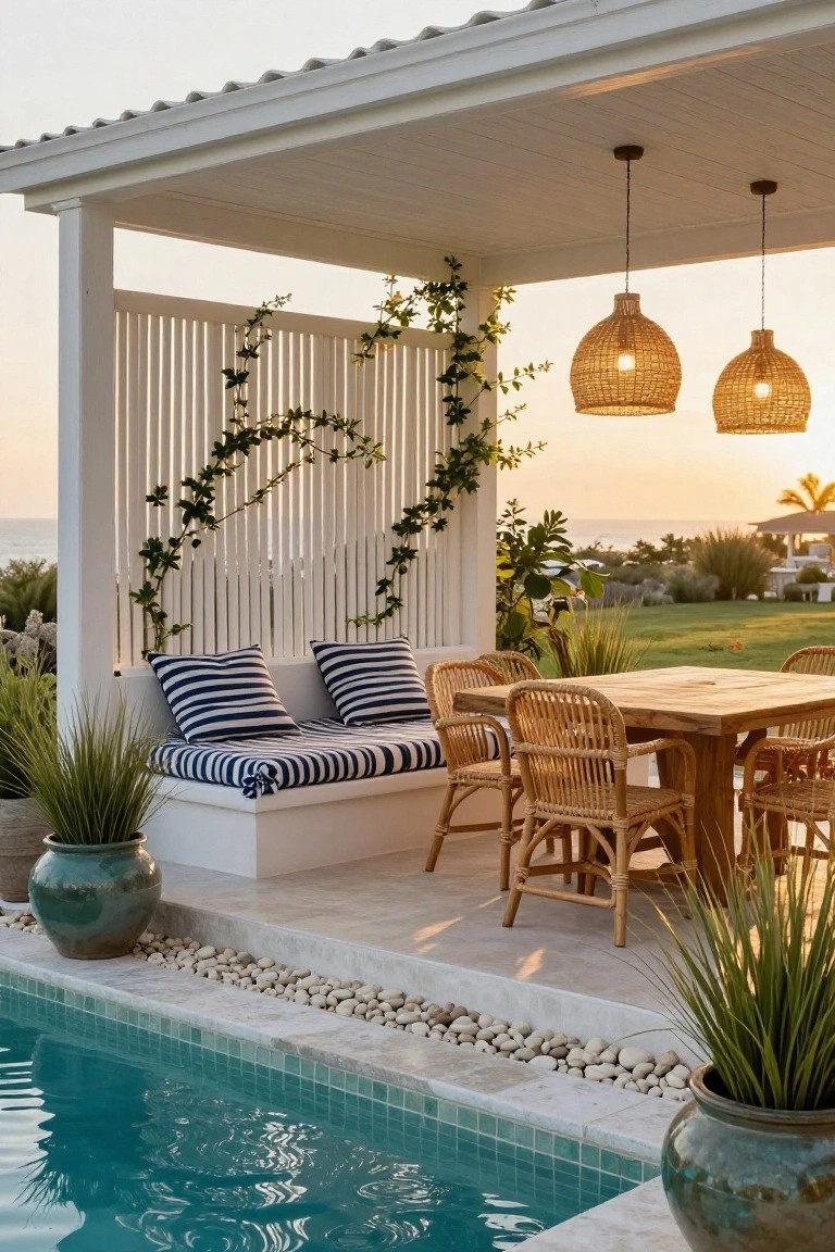 24 Beautiful Pool Shade Pavilion Ideas That Create a Retreat White timber pavilion with lattice screens draped in ivy, built-in bench with blue striped cushions, rattan dining table and chairs, hanging rattan lanterns, adjacent to turquoise pool and ocean view.