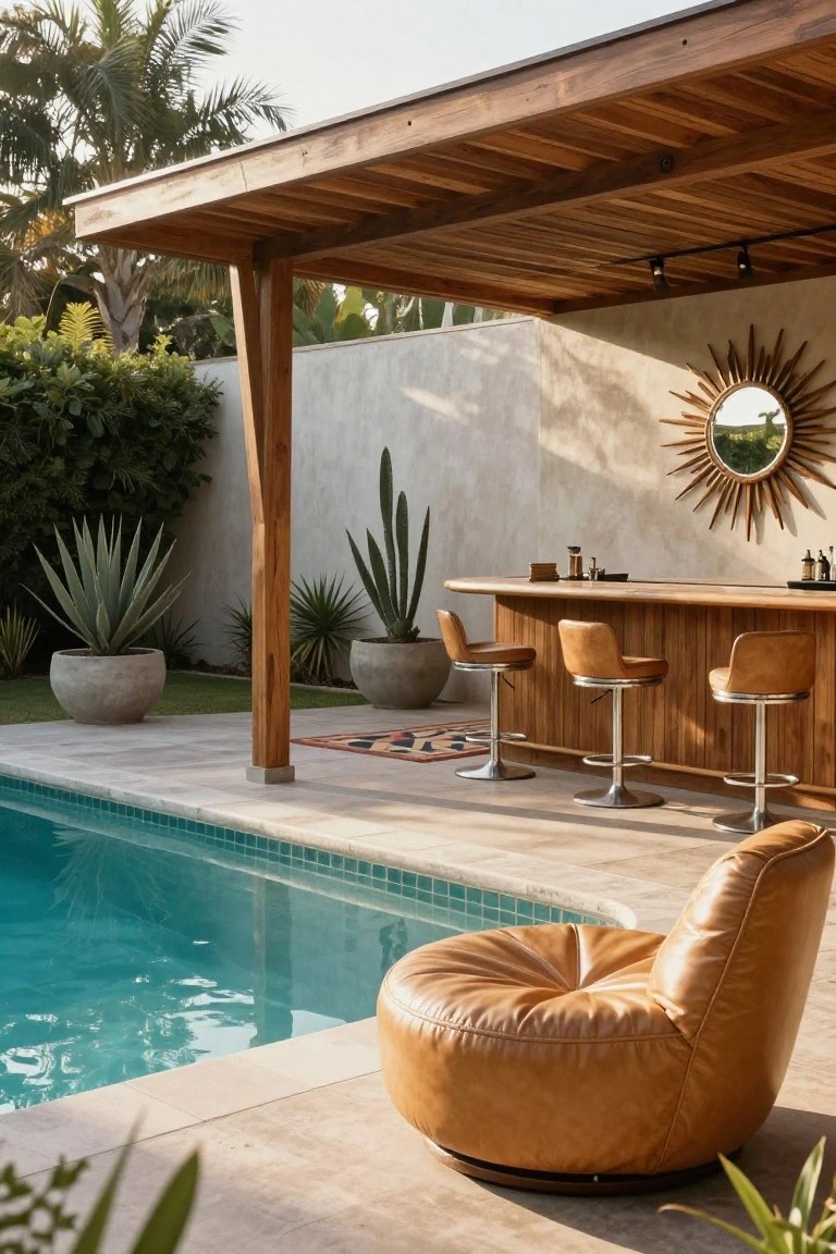 24 Beautiful Pool Shade Pavilion Ideas That Create a Retreat Wooden pavilion with curved bar top, tan leather swivel stools, potted agave plants, sunburst mirror on stucco wall, and orange lounge chair beside turquoise pool on light gray tiled patio.