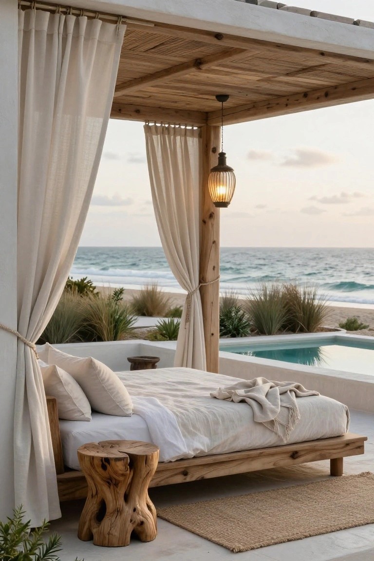 24 Beautiful Pool Shade Pavilion Ideas That Create a Retreat Wooden pavilion with sheer white curtains enclosing a low bed on a platform, tree-stump stool, seagrass rug, and turquoise pool, with beach grass, sand dunes, and ocean waves visible through the opening.