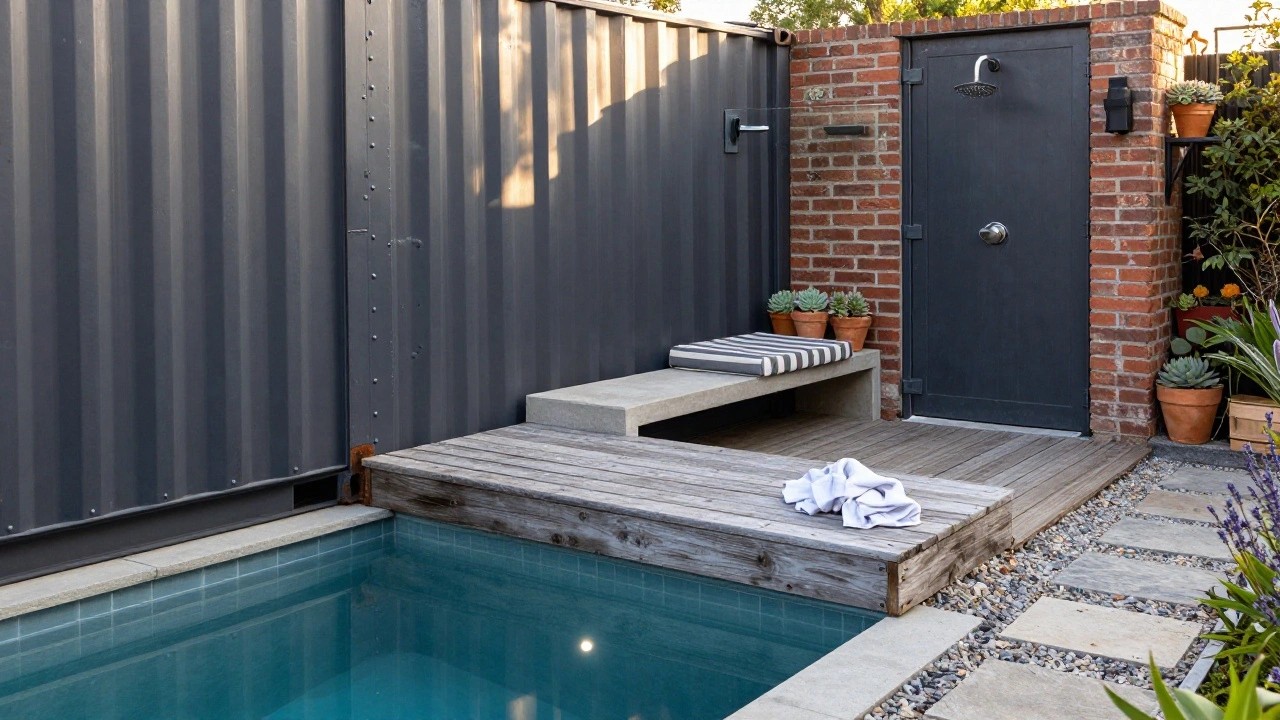 24 Clever Container Pool Ideas That Reinvent Your Outdoor Space Shipping container home exterior featuring a narrow plunge pool, outdoor shower enclosure, wooden bench, stone pavers, gravel, and potted plants along a brick wall.