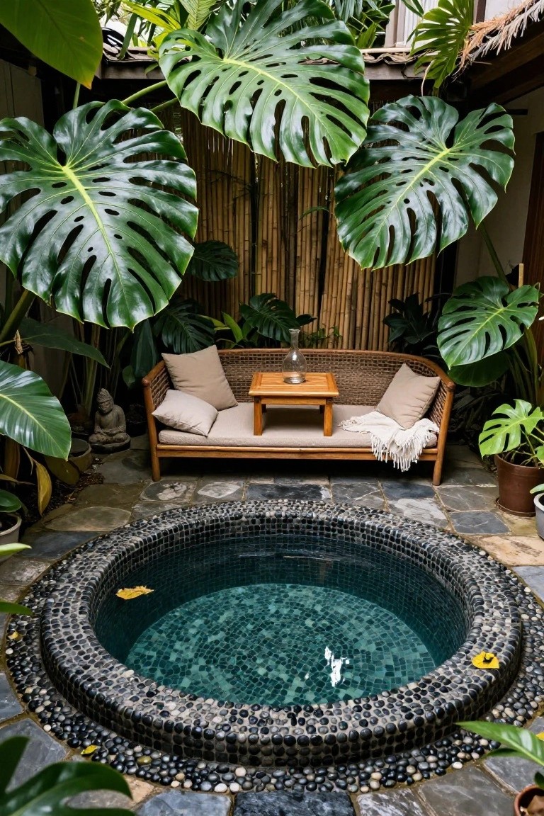 24 Clever Container Pool Ideas That Reinvent Your Outdoor Space Round mosaic-tiled plunge pool with black pebble edging in an outdoor courtyard surrounded by tropical plants, bamboo fencing, rattan sofa with cushions on a low table, and stone pavers.
