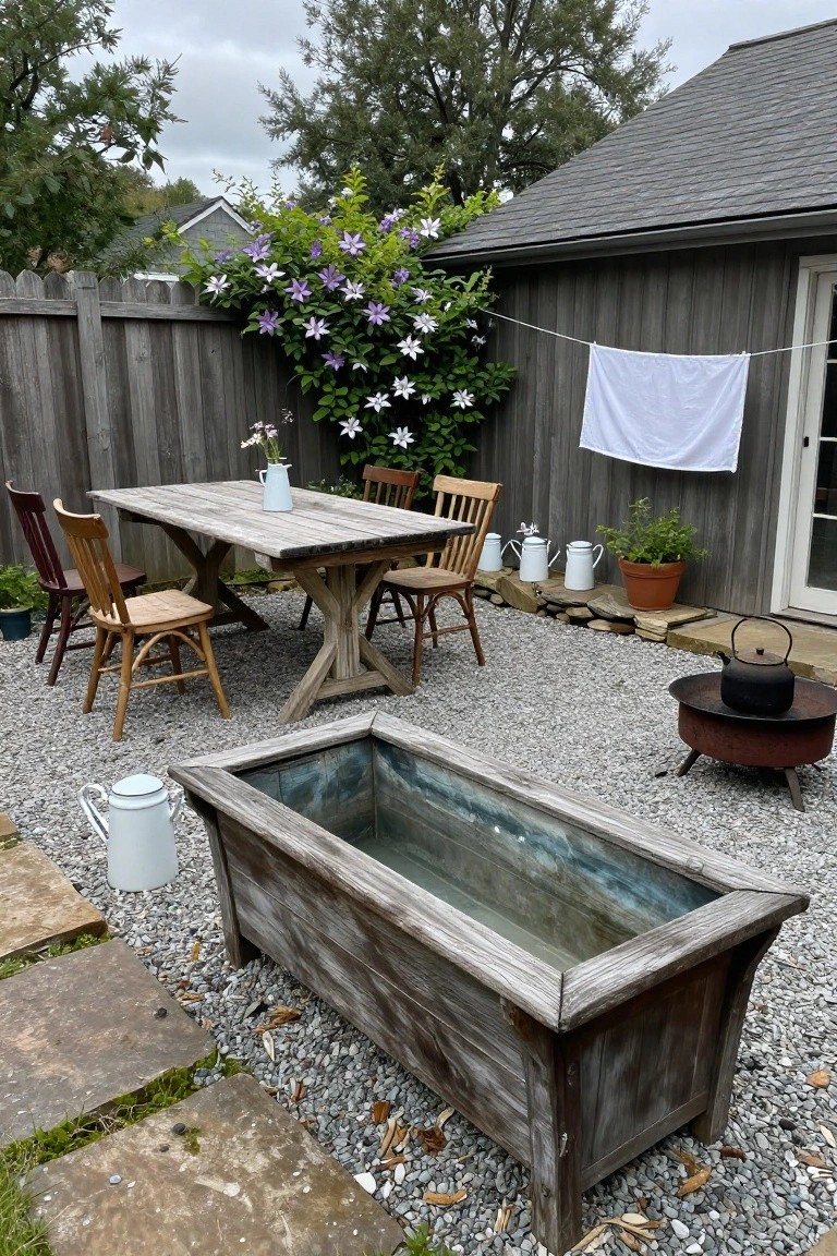 24 Clever Container Pool Ideas That Reinvent Your Outdoor Space A large rectangular wooden trough filled with water sits on gravel in a backyard patio surrounded by a wooden dining table with chairs, potted plants, milk cans, a fire pit with kettle, and a clothesline against a gray shed wall.