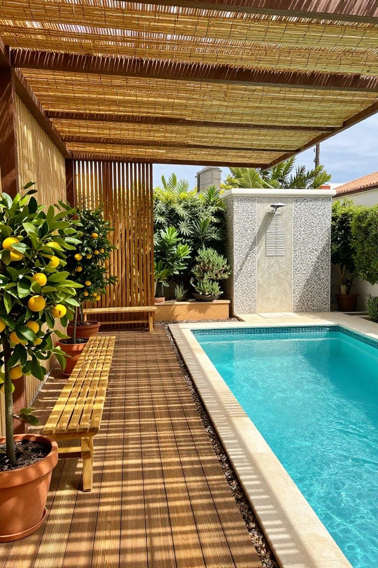 Wooden deck beside a turquoise pool with overhead bamboo reed shade structure, potted orange trees, a bench seat, slatted privacy screens, and an outdoor shower enclosure.