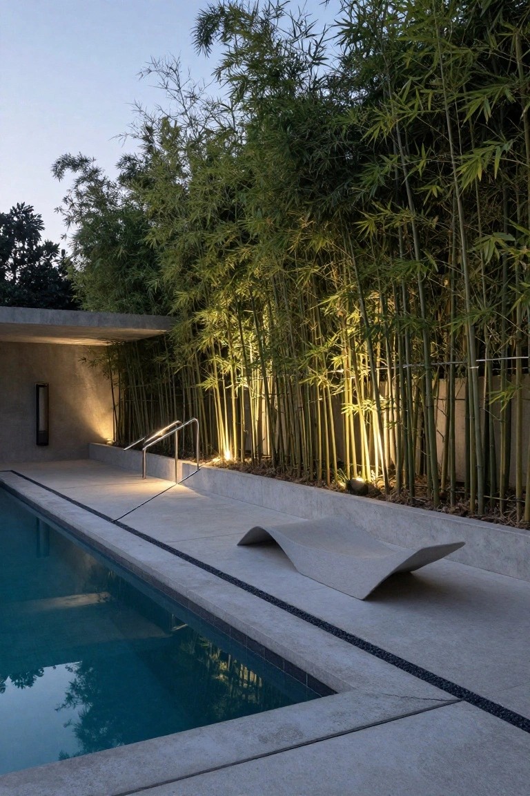 Poolside deck with infinity-edge turquoise pool, curved concrete lounge chair, metal railings, concrete architecture, and tall backlit bamboo screen at dusk.