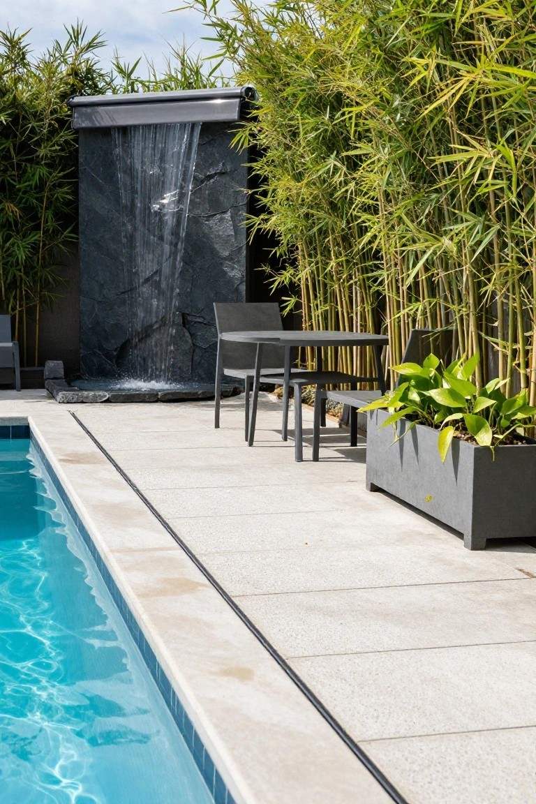 Poolside lounge area with two gray chairs and table on light stone deck next to turquoise pool edge, backed by tall bamboo screening a dark stone waterfall wall and potted green plants.