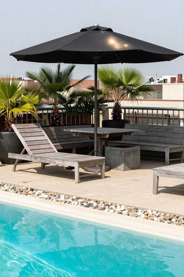Rooftop pool area featuring a large black cantilever umbrella shading wooden lounge chairs, benches, and a table, with potted palms nearby and turquoise pool water in the foreground.