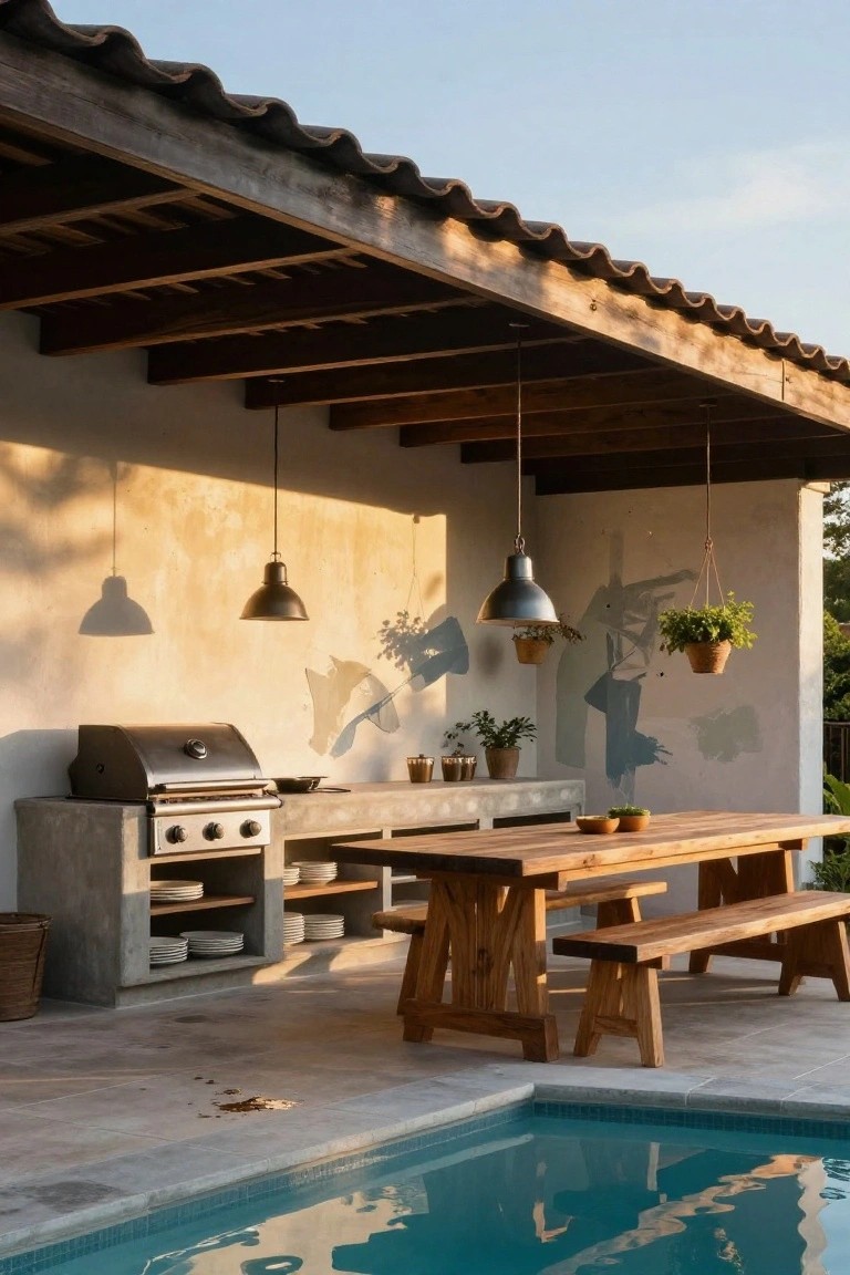 Outdoor kitchen under a wooden-beamed pergola roof with terracotta tiles, including a gas grill on concrete counters, wooden dining table with benches, hanging pendant lights, potted plants on a white stucco wall, and an adjacent turquoise swimming pool on tiled patio.