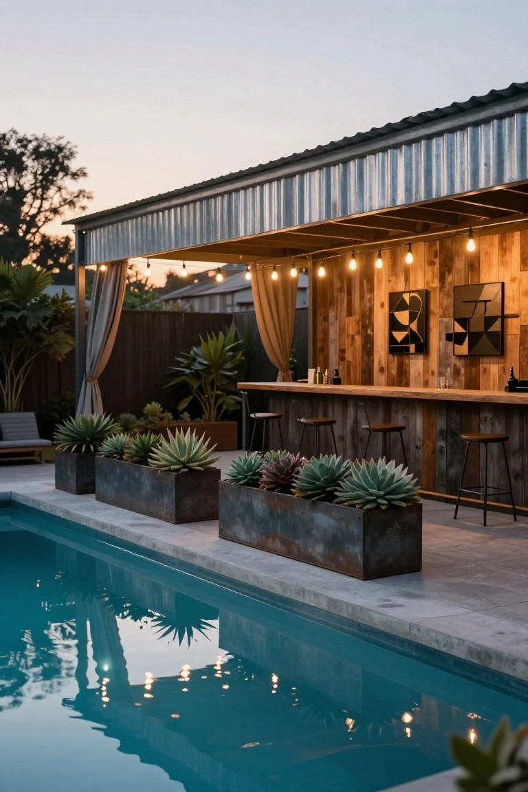 Outdoor bar with wooden countertop and stools under a corrugated metal roof beside a swimming pool, featuring string lights, draped curtains, and agave plants in metal planters.
