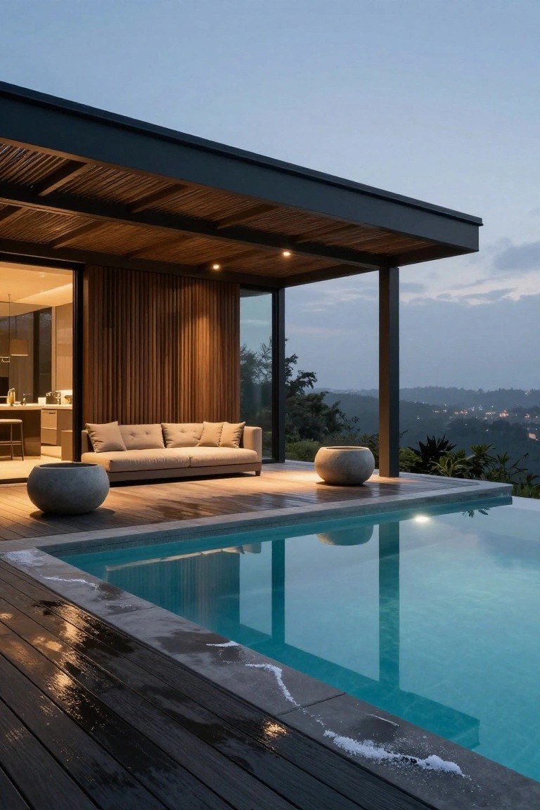 Contemporary house exterior featuring a covered wooden terrace with a light gray sofa, large stone pots, and an infinity-edge pool at dusk with hillside views.