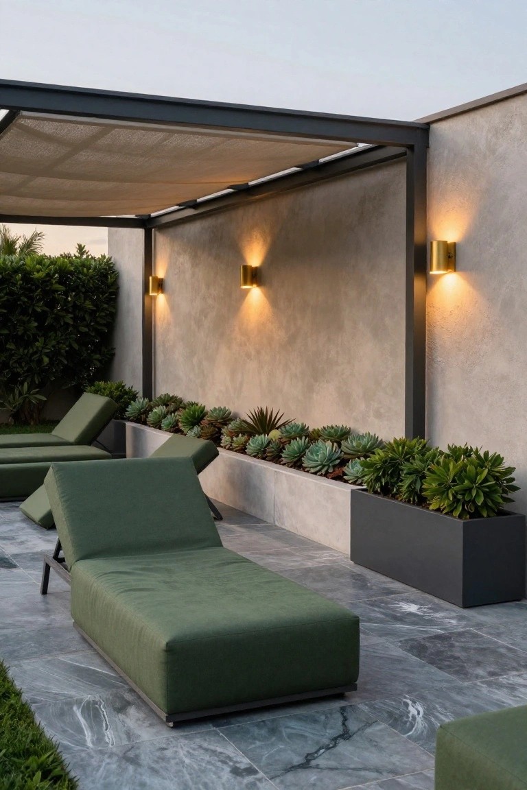 Outdoor poolside lounge area with green fabric chaise lounges under a beige fabric-covered black metal pergola, succulents in concrete planters along a textured beige wall with gold wall sconces, gray veined tile floor next to grass and hedges.
