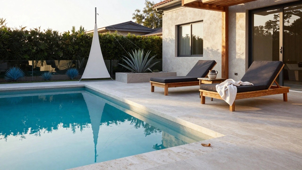 Poolside deck with three wooden lounge chairs topped with dark cushions under a large white shade sail supported by metal and wood posts, turquoise pool adjacent, blue agave plants along the edge, beige stone flooring.