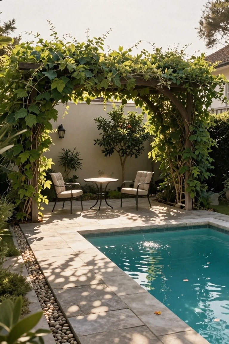 Wooden pergola covered in green leafy vines shading a round metal table with two beige cushioned chairs on a light stone patio next to a small turquoise pool edged in tile.
