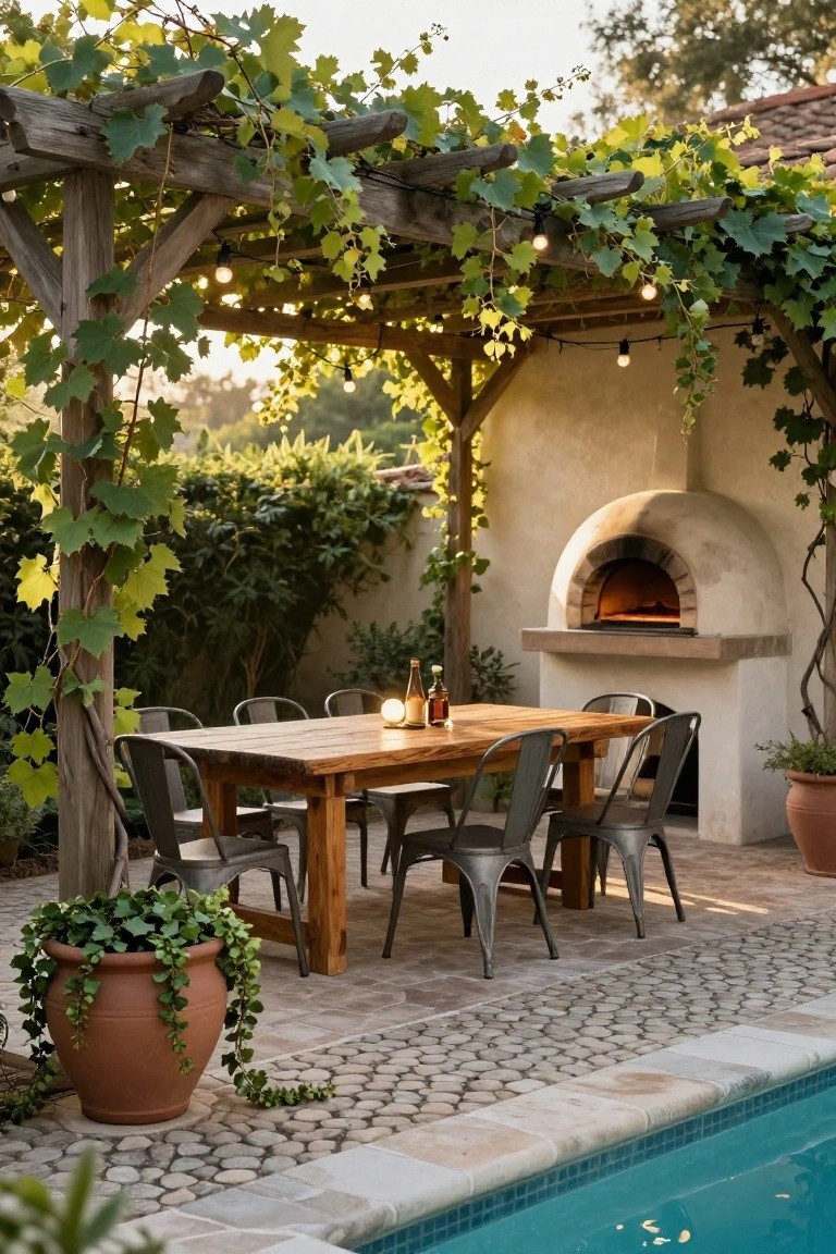 Wooden pergola covered in green climbing vines with string lights over a rustic dining table and metal chairs on a stone patio next to a clay pizza oven and swimming pool.