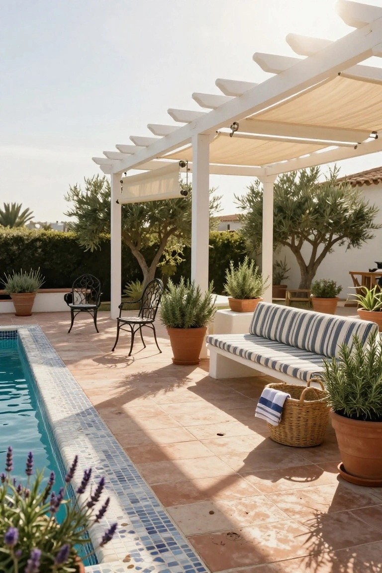White wooden pergola with beige fabric canopy shading a poolside area with striped bench cushions, black metal chairs, potted plants in terracotta pots, and a blue-tiled pool edge on terracotta flooring.