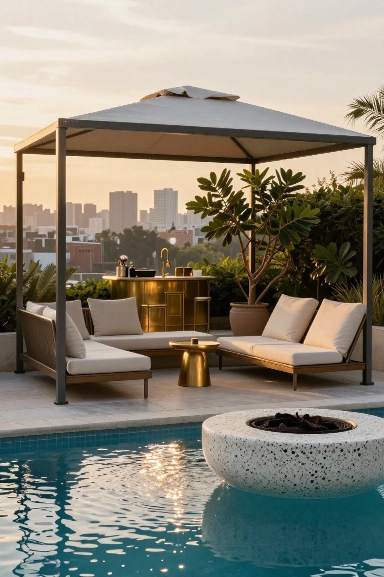 Rooftop terrace with turquoise pool, spherical white stone fire pit floating in the water, metal pergola with gray fabric canopy shading beige rattan lounge seating and gold bar counter, surrounded by green plants and potted trees against city skyline at sunset.