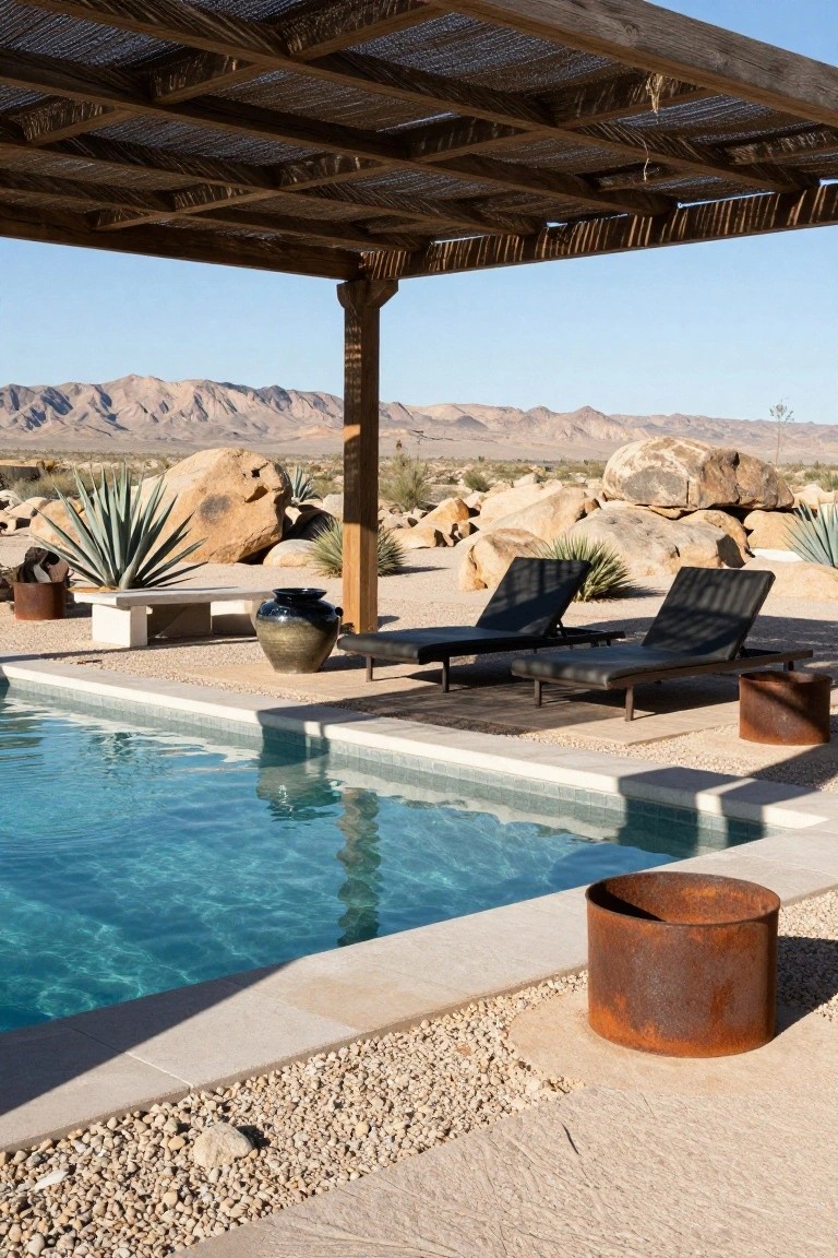 Pool area with two black chaise lounges under a wooden pergola covered in reed matting, next to turquoise water, rusty metal drums, white bench, black vase, desert rocks, agave plants, and distant mountains.