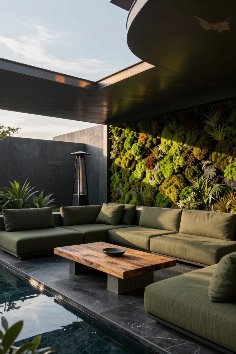 Modern outdoor lounge area with green modular sofa, wooden coffee table with black bowl, tall black gas fire pit, lush vertical green wall on concrete backdrop, under dark cantilevered roof overhang adjacent to dark-tiled pool.