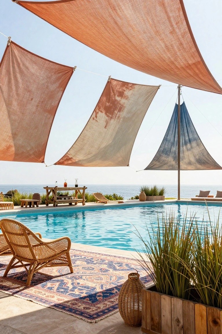 Poolside lounge area with rattan chairs on a patterned rug, potted grasses, and a wooden cart, shaded by multiple draped orange and blue fabric sails over turquoise water with ocean view.