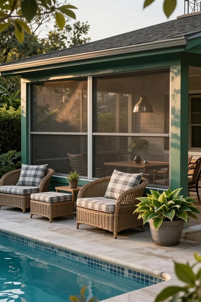 Green-painted screened porch next to a pool, with two wicker armchairs and ottomans with plaid cushions, a side table, potted plants, and views through screens to indoor furniture and pool water.