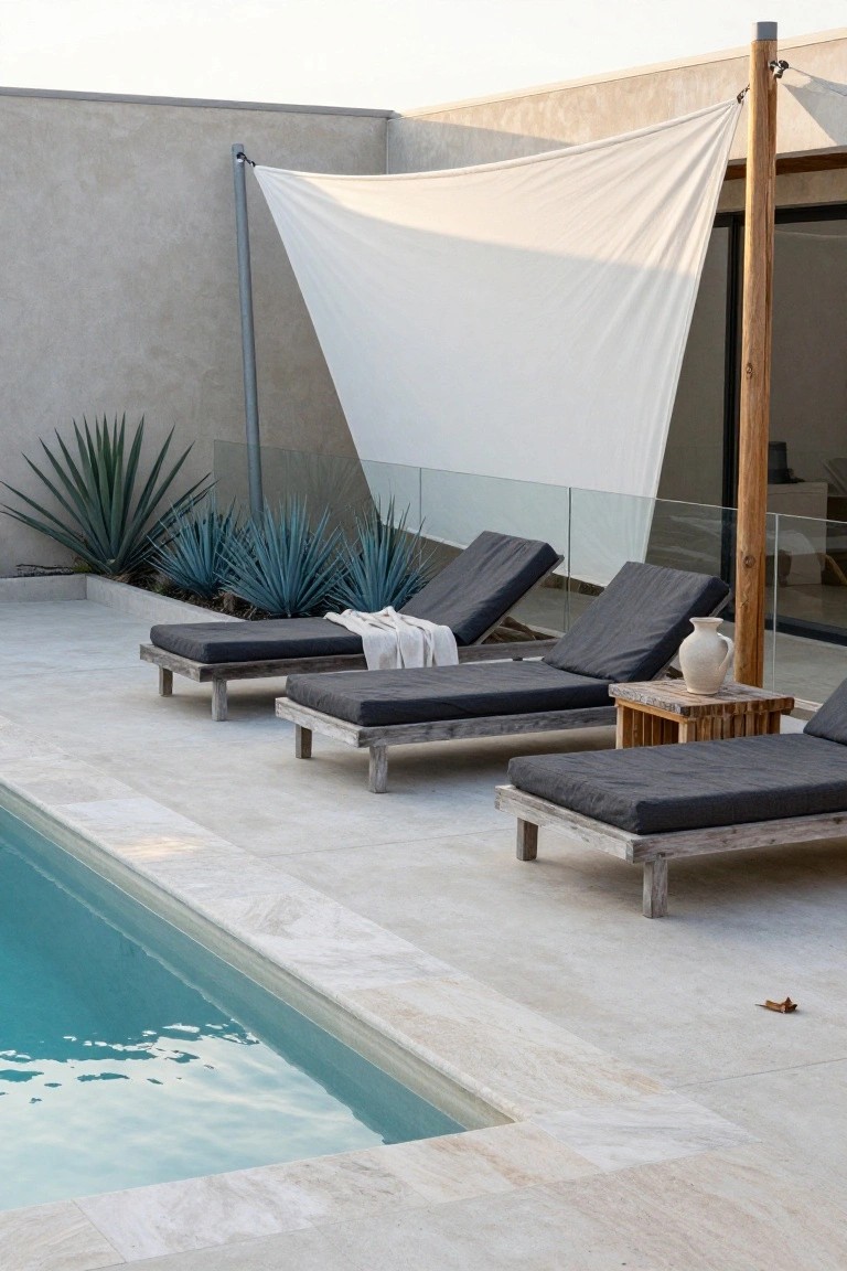 Poolside deck with three wooden lounge chairs topped with dark cushions under a large white shade sail supported by metal and wood posts, turquoise pool adjacent, blue agave plants along the edge, beige stone flooring.