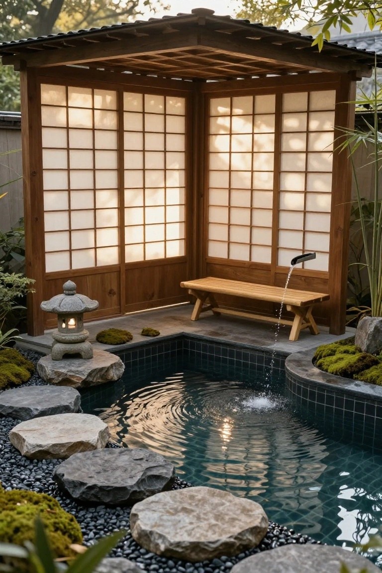 Wooden pavilion with shoji screens and a sloped roof beside a small rectangular pool with water spout from a spout, stone lantern, wooden bench, stepping stones, rocks, moss, and plants.