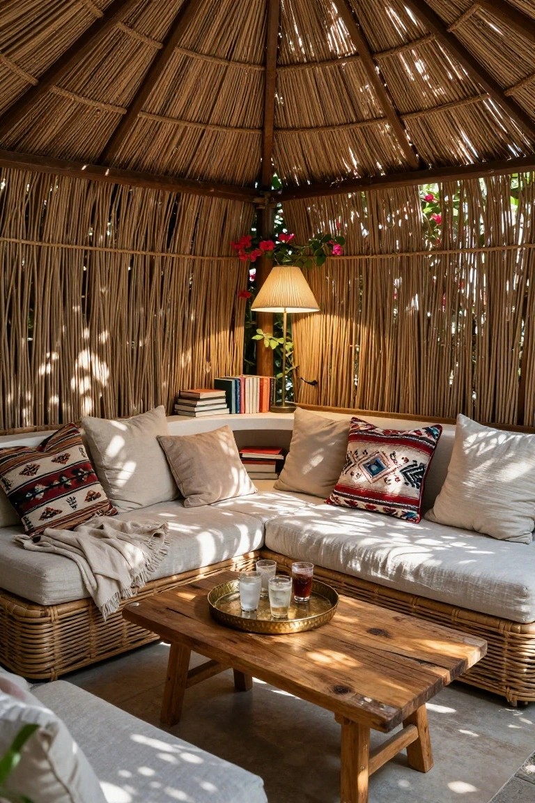 Outdoor cabana with conical thatched roof and reed walls enclosing white modular couches with patterned pillows, a wooden coffee table holding brass tray with glasses, books on built-in shelves, and hanging lamp amid potted plants.