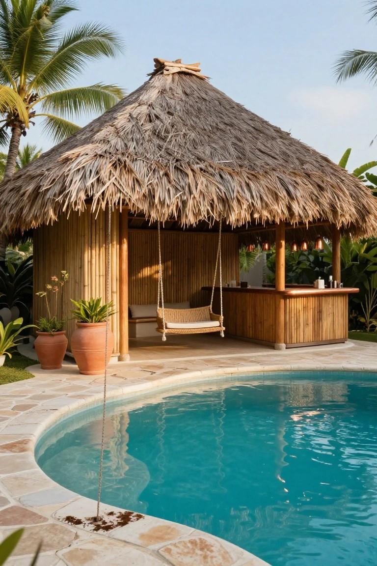 Open-sided bamboo cabana with thick thatched roof, wooden bar counter, hanging wicker swing, potted plants, and curved turquoise pool with stone paver edging.