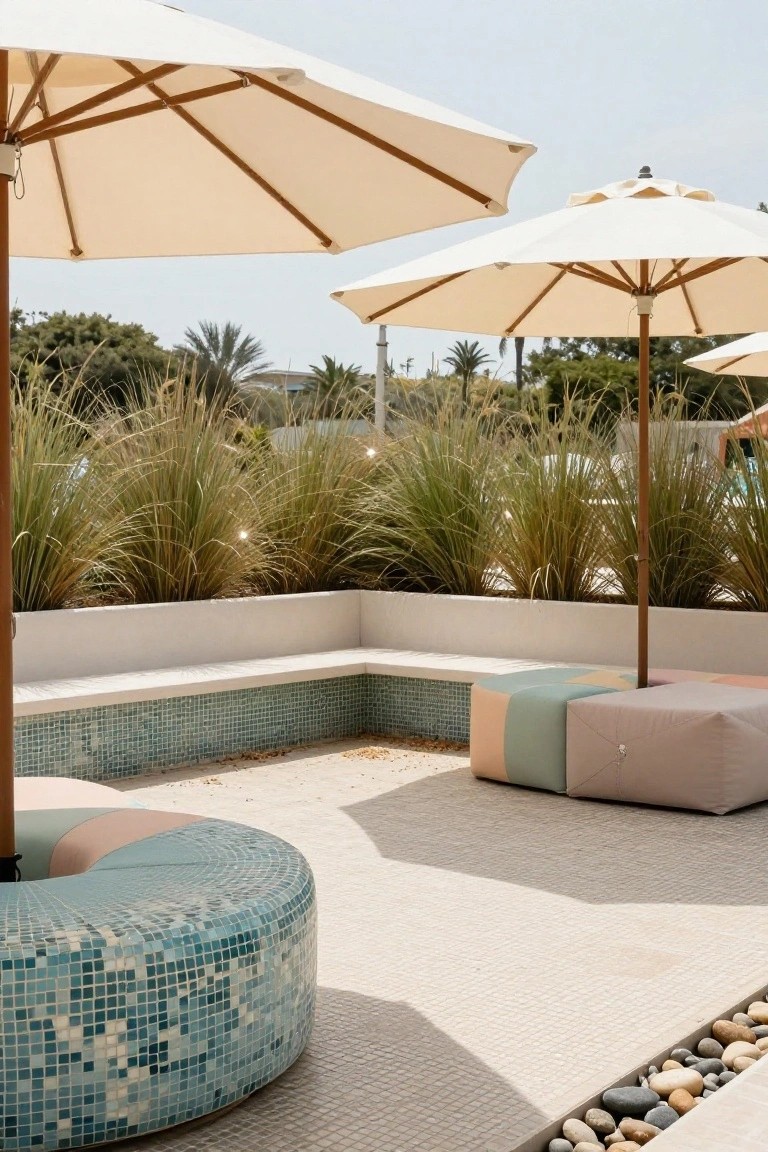 Poolside outdoor lounge with multiple large beige umbrellas shading colorful modular poufs, a curved blue mosaic bench, an L-shaped white bench with teal tiles, tall grasses in planters, and a pebble border on light tiled patio.
