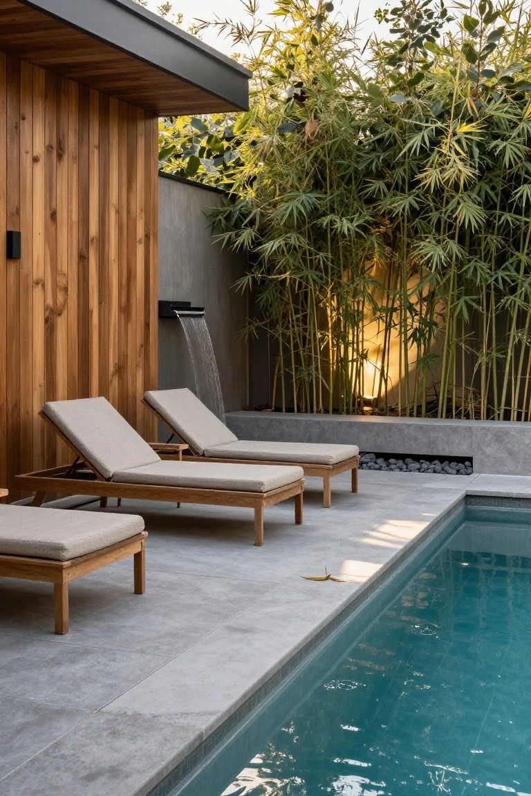 24 Contemporary Backyard Pool Designs For Modern Lifestyles Wooden adjustable loungers with beige cushions on a grey tiled deck next to a rectangular blue pool, with tall bamboo plants and a wooden wall featuring a vertical water cascade in the background.