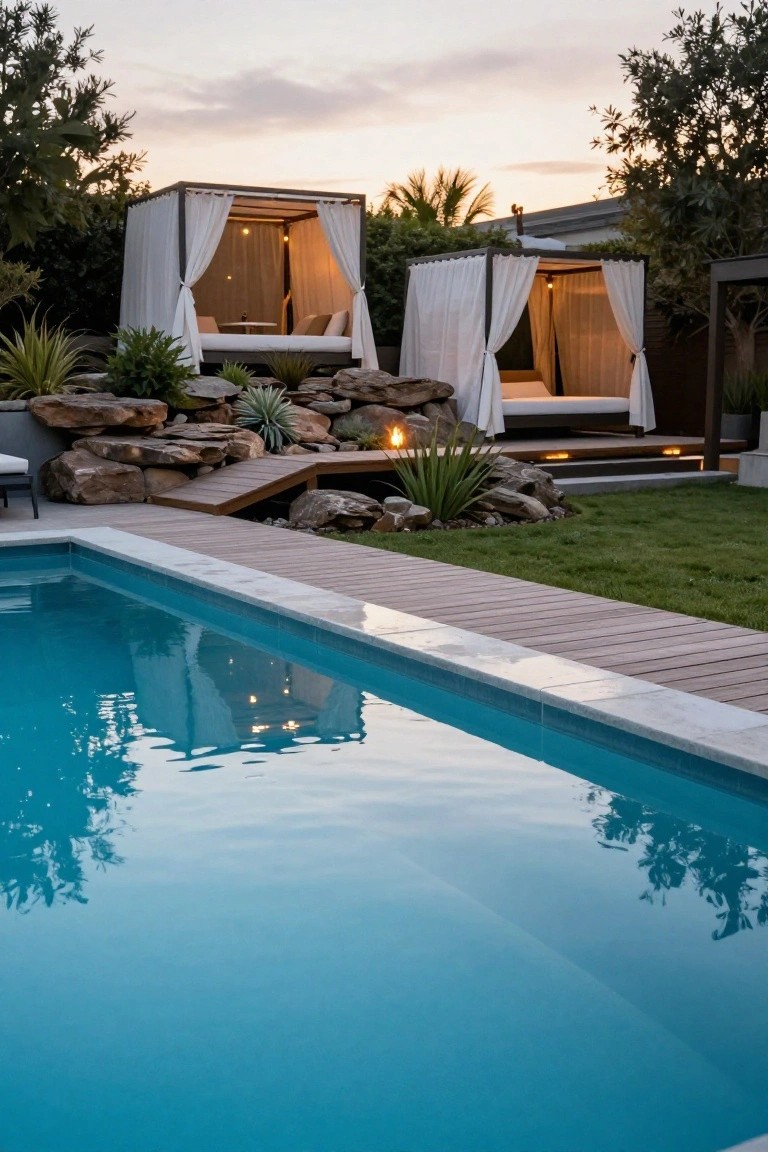 24 Contemporary Backyard Pool Designs For Modern Lifestyles A backyard pool with turquoise water bordered by a wooden deck, leading to elevated rock features and two curtained cabana beds with white loungers and pillows.