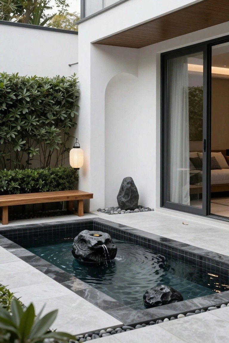 24 Contemporary Backyard Pool Designs For Modern Lifestyles Small rectangular black-tiled plunge pool with a carved gray rock fountain in the center, surrounded by pebbles and boulders on gray stone pavers, wooden bench, greenery, paper lantern, and white house exterior with sliding glass doors.