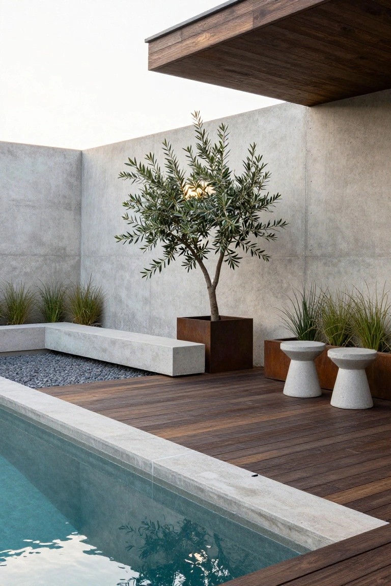 24 Contemporary Backyard Pool Designs For Modern Lifestyles Outdoor poolside area with a rectangular pool edged in concrete, wooden deck, L-shaped concrete bench against a concrete wall, potted olive tree in rusted metal planter, two concrete stools, ornamental grasses, and gravel ground cover.