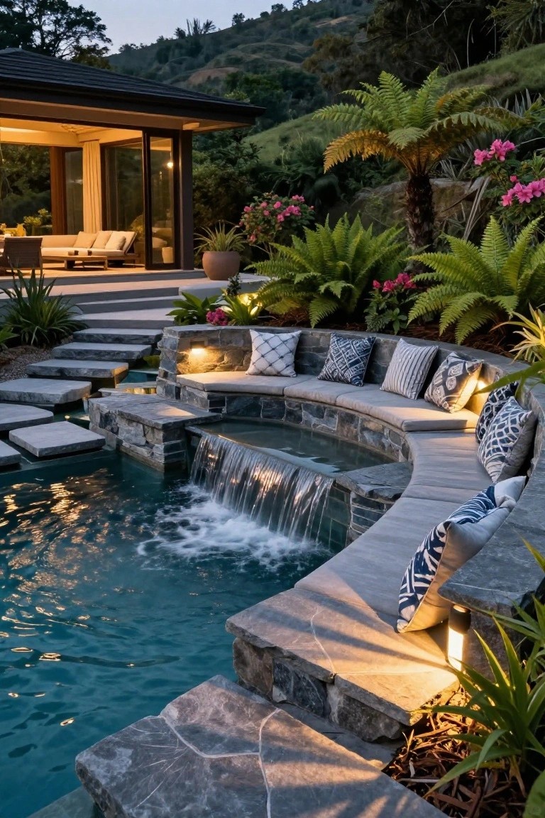 24 Contemporary Backyard Pool Designs For Modern Lifestyles Contemporary backyard pool with curved gray stone bench seating integrated around the edge, featuring a small waterfall, steps leading down, pillows on benches, lush ferns and plants, and a dark-roofed pavilion in the background at dusk.