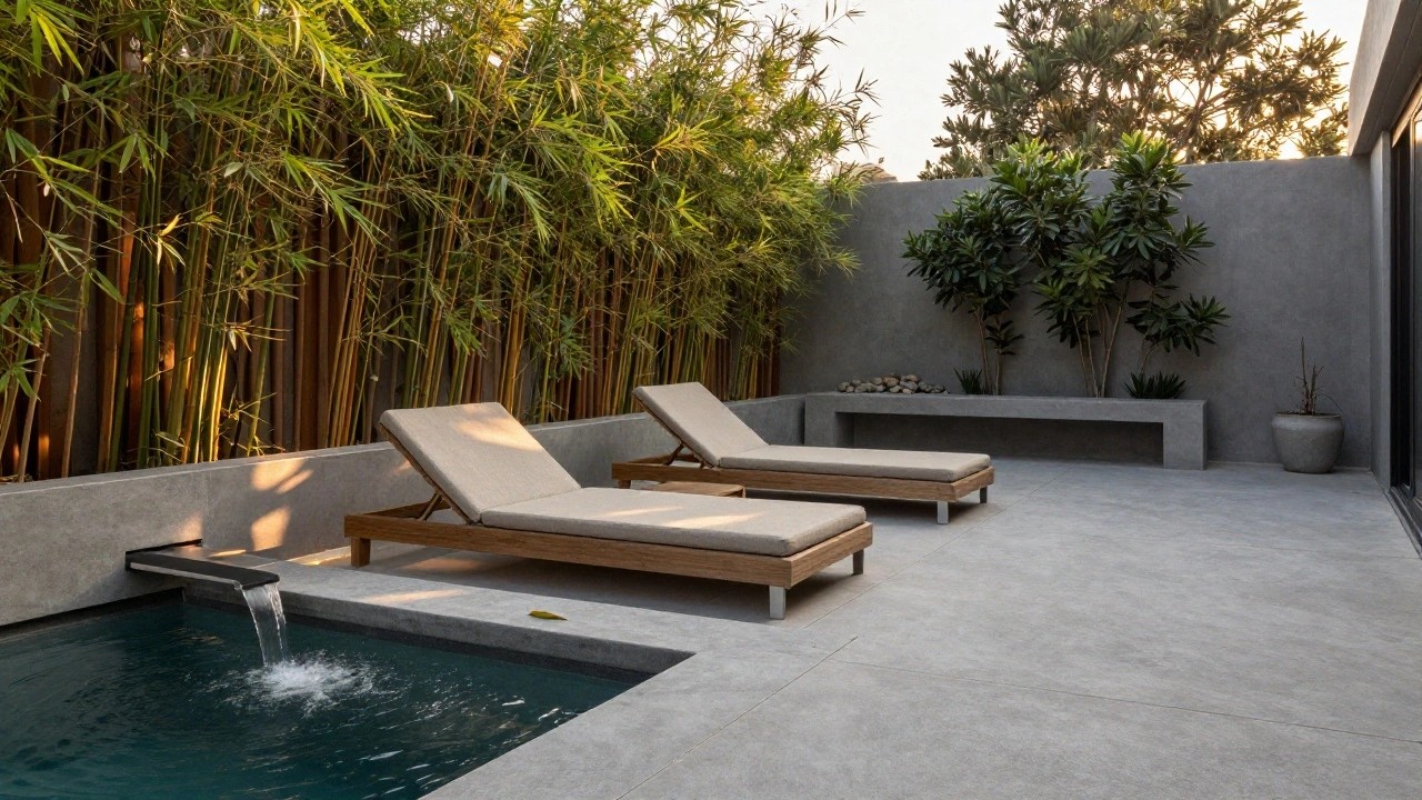 Wooden adjustable loungers with beige cushions on a grey tiled deck next to a rectangular blue pool, with tall bamboo plants and a wooden wall featuring a vertical water cascade in the background.