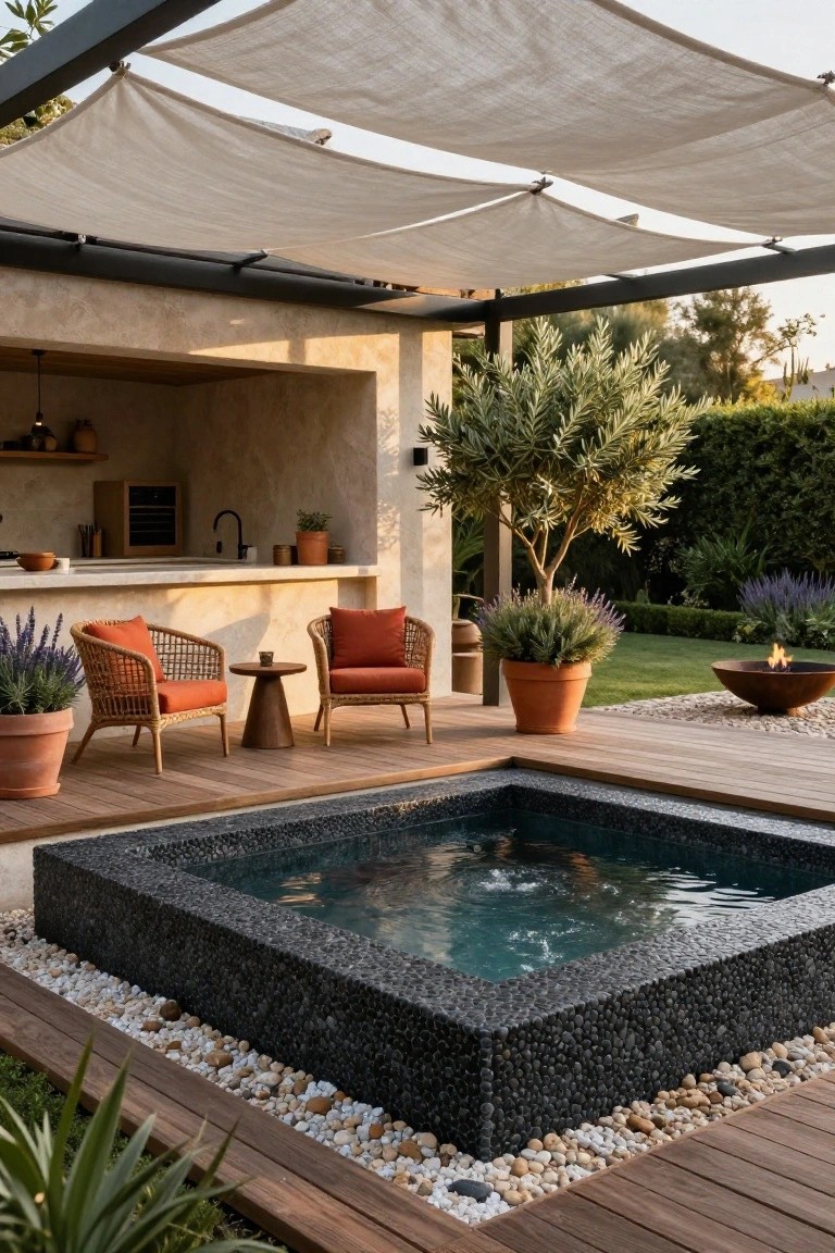 24 Contemporary Backyard Pool Designs For Modern Lifestyles A sunken square hot tub with black pebble mosaic walls sits in a wooden deck surrounded by white pebbles, next to orange rattan chairs, potted plants, an outdoor bar area, olive tree, lavender, and a fire bowl in a landscaped backyard.