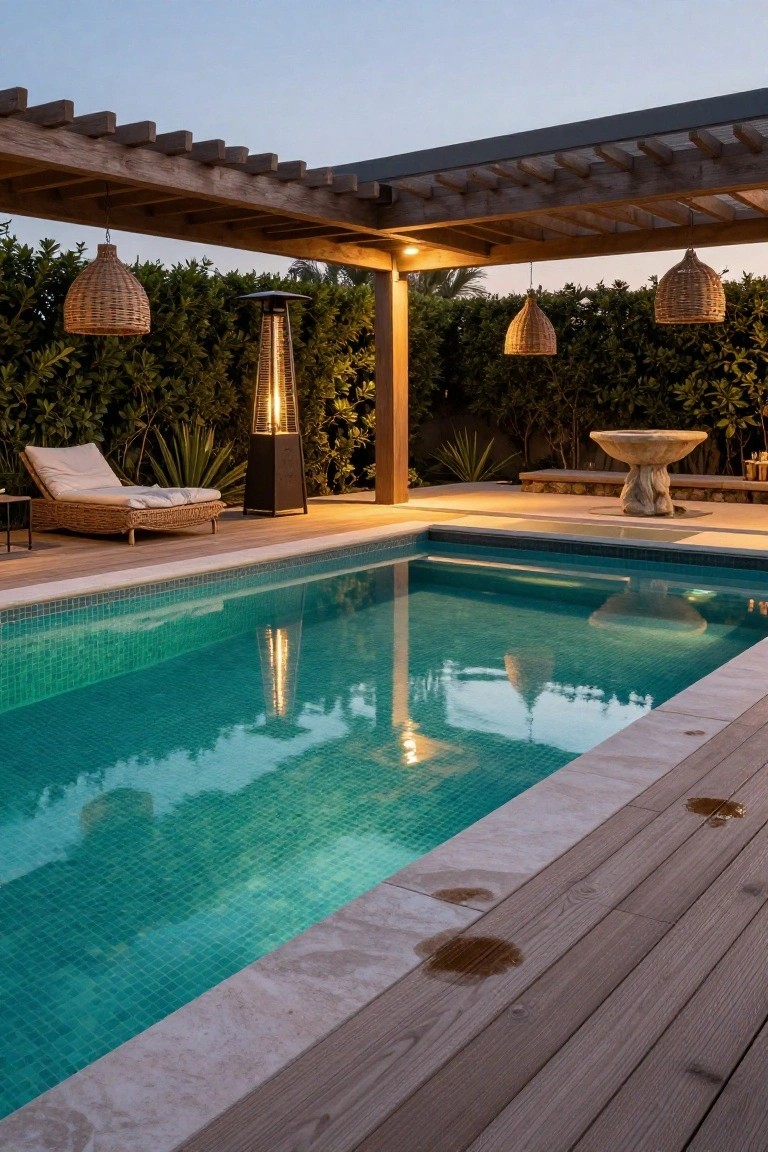 24 Contemporary Backyard Pool Designs For Modern Lifestyles Wooden pergola with hanging lanterns over a turquoise mosaic-tiled pool edged in travertine and wooden decking, with a white lounger chair, black gas patio heater, stone basin, and green privacy hedges in a backyard at dusk.