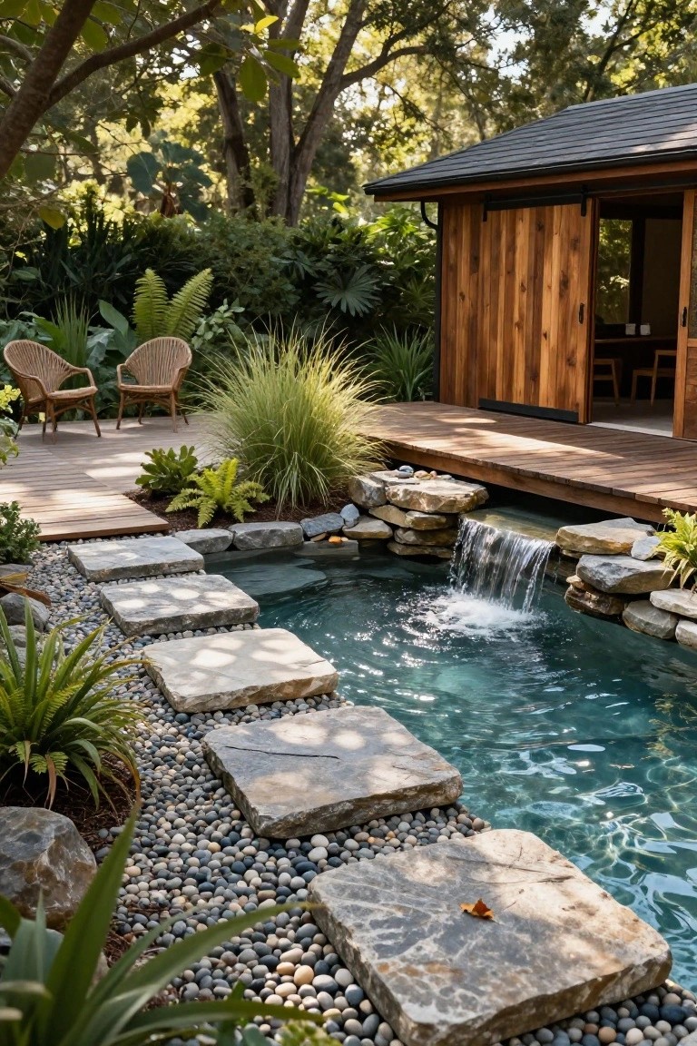 24 Contemporary Backyard Pool Designs For Modern Lifestyles Small turquoise backyard pool with a rock waterfall and large flat stepping stones crossing over the water, surrounded by pebbles, tropical plants, and a wooden deck connected to a shed structure with chairs.