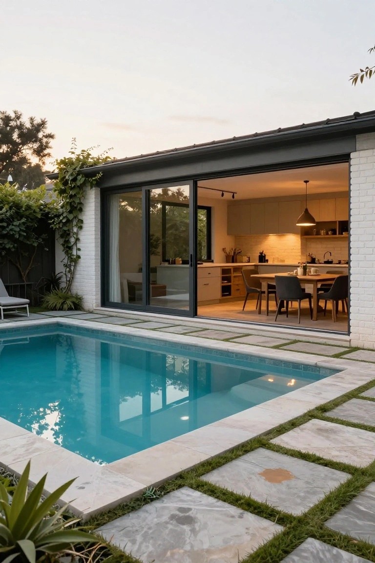 24 Contemporary Backyard Pool Designs For Modern Lifestyles Modern white brick house with open sliding glass doors to a kitchen and dining area, next to a small rectangular turquoise pool edged in stone pavers with grass joints and agave plants.