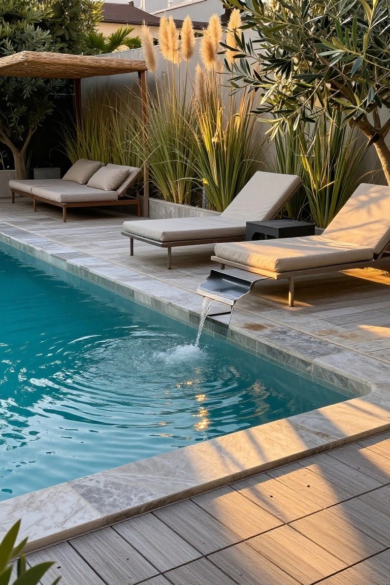24 Contemporary Backyard Pool Designs For Modern Lifestyles Contemporary backyard pool with turquoise water and metal edge-overflow waterfall, neutral loungers positioned nearby, tall pampas grasses, olive trees, and stone decking.