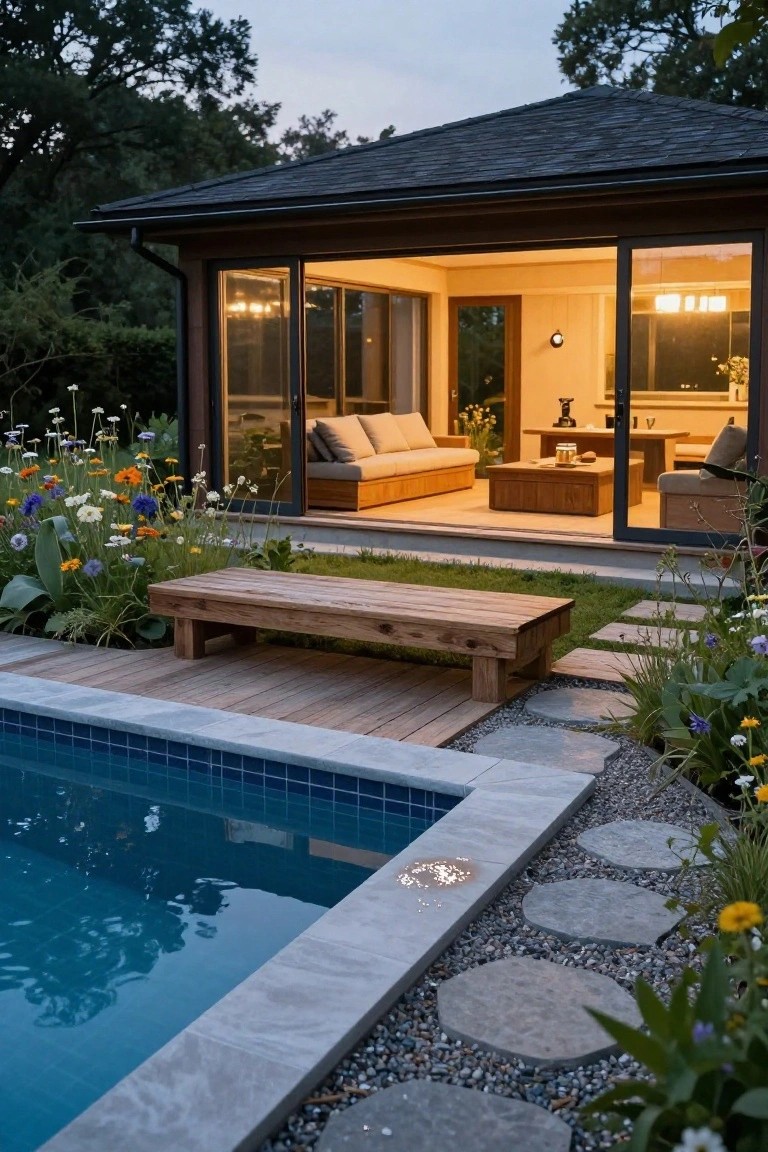 24 Contemporary Backyard Pool Designs For Modern Lifestyles Cozy modern home with wooden deck, pool, garden, and glowing interior.