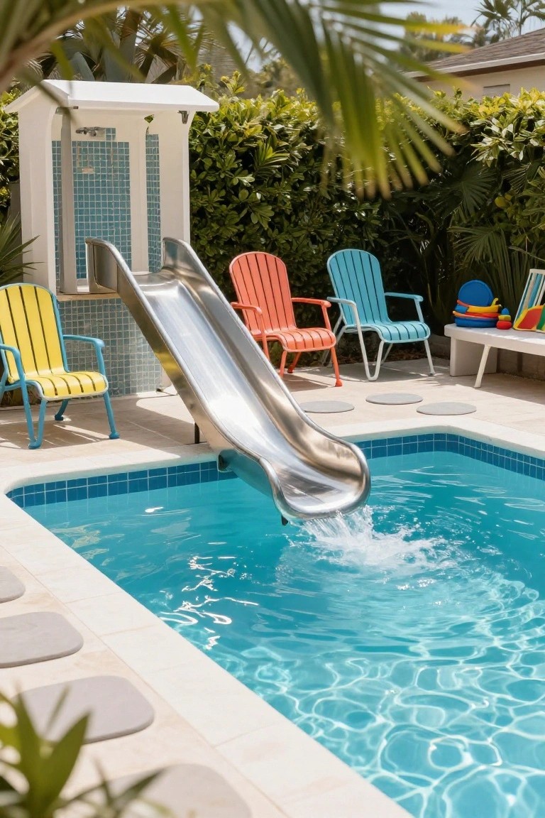 24 Contemporary Backyard Pool Designs For Modern Lifestyles Backyard swimming pool with a curved stainless steel slide entering the water, colorful Adirondack chairs arranged nearby, outdoor shower enclosure with blue tiles, tiled pool edge, and tropical plants and palm fronds in the background.