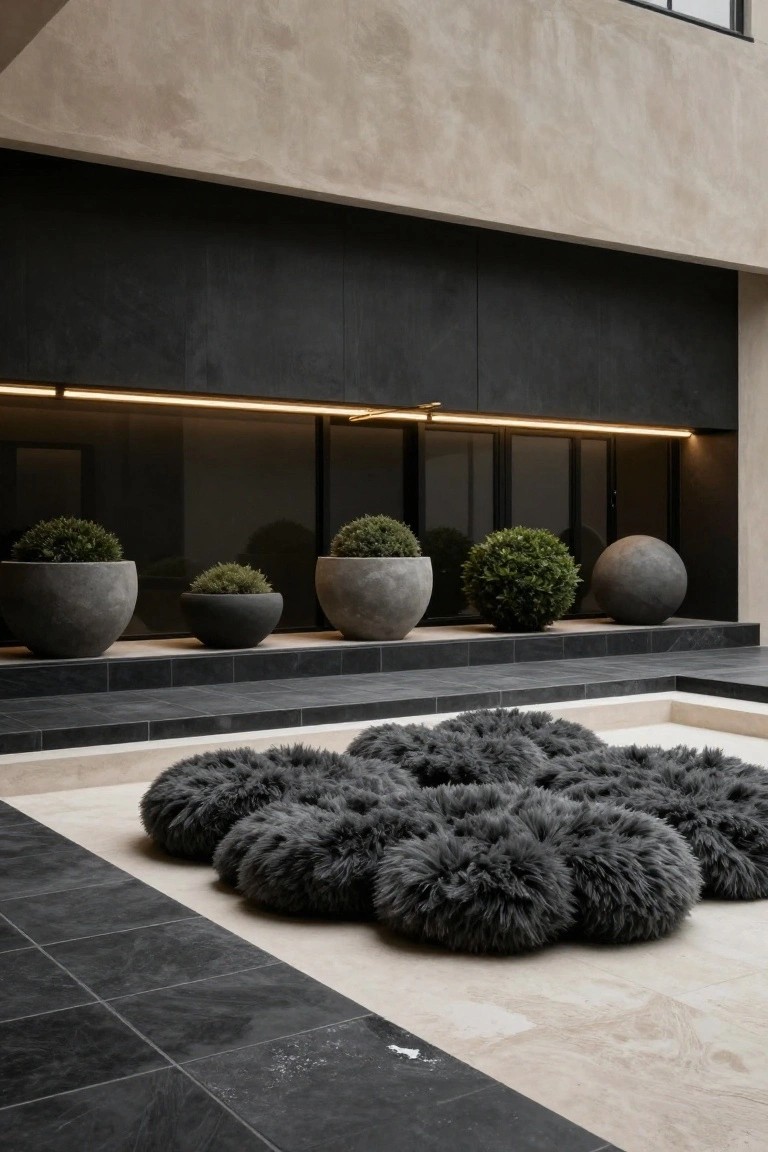 24 Contemporary Backyard Pool Designs For Modern Lifestyles Contemporary courtyard with black tiled steps and flooring leading to a cluster of large fluffy grey poufs on beige tiles, potted topiary shrubs in grey pots, large grey spheres, and a dark wall with glass doors and LED lighting strip.