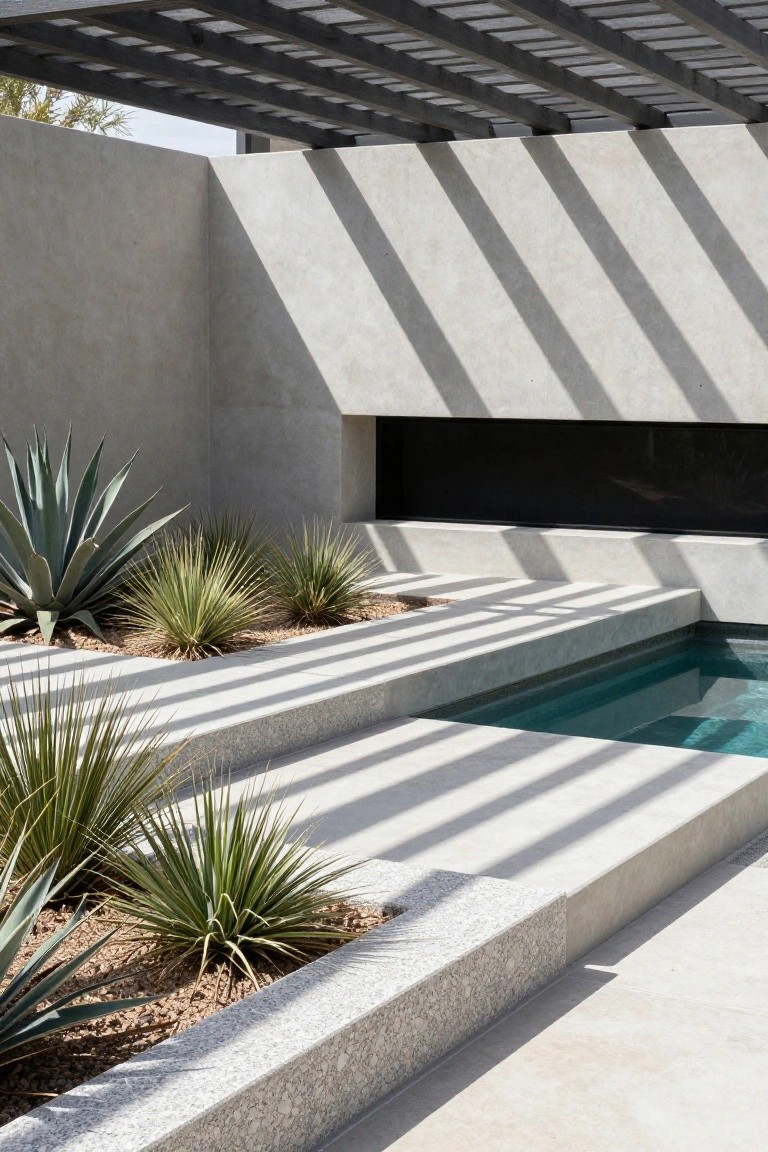 24 Contemporary Backyard Pool Designs For Modern Lifestyles Gray concrete platforms and steps lead down to a small turquoise pool, flanked by agave plants in raised beds, with a recessed dark feature in the terrace and shadows from an overhead slatted wooden pergola.