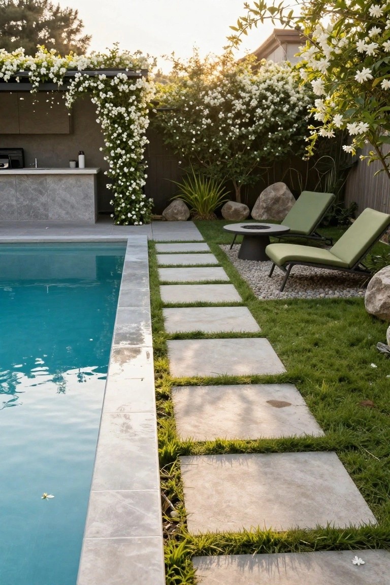 24 Contemporary Backyard Pool Designs For Modern Lifestyles Backyard swimming pool with light gray square paver pathway set in grass along the edge, green lounge chairs and round fire pit table nearby, white flowering vines on outdoor bar structure, rocks, and turf.