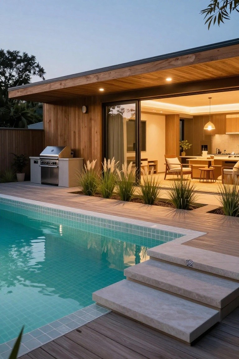 24 Contemporary Backyard Pool Designs For Modern Lifestyles L-shaped turquoise-tiled pool with light wooden decking surround, stone steps leading into the water, built-in stainless steel BBQ grill adjacent to a modern wooden house exterior featuring large glass sliding doors open to a light wood kitchen interior, tropical plants, and dusk lighting.