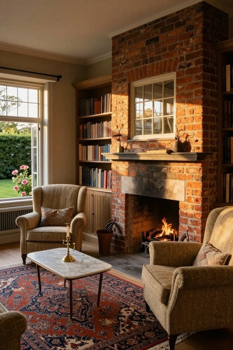 24 Cozy Pool House With Fireplace Ideas For Year Round Comfort Cozy interior room with lit brick fireplace surrounded by wooden bookshelves, two upholstered armchairs facing a white marble coffee table on a red and blue Persian rug, large windows overlooking a garden with roses.